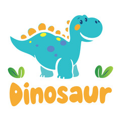 Obraz premium Smiling Cartoon Dinosaur Blue Vector Character with Leaves