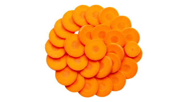 Overhead view of a circle of carrot slices isolated on transparent background the vibrant orange color and the circular arrangement create a visually appealing image