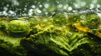 Fototapeta na wymiar A macro view of renewable feedstock being processed with organic materials like algae and plant fibers being transformed into a viscous liquid ready for enzymatic reaction.