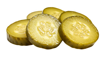 Closeup of sliced pickles isolated on transparent background, featuring crisp texture, zesty flavor, and tangy taste, perfect as a condiment or snack for burgers and sandwiches