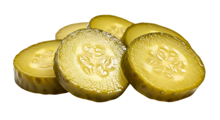 Closeup of sliced pickles isolated on transparent background, featuring crisp texture, zesty flavor, and tangy taste, perfect as a condiment or snack for burgers and sandwiches