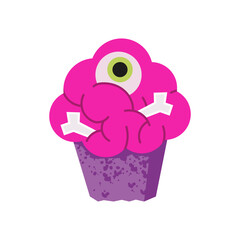 Creepy Halloween meal, cupcake topped with bright pink brain frosting, a green eyeball, and white bones. Isolated spooky zombie-themed dessert on a white background.