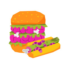 Zombie-themed meal: a burger with pink brain filling, green lettuce, bones, and a hot dog with green filling, pink-striped worms, and a bone. For Halloween party menus, spooky packaging