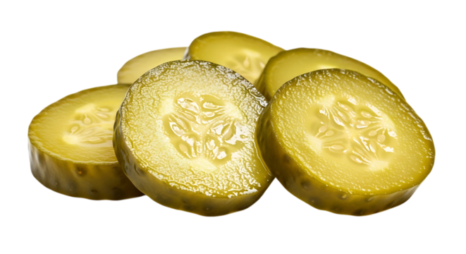 Closeup of sliced pickles isolated on transparent background, featuring crisp texture, zesty flavor, and tangy taste, perfect as a condiment or snack for burgers and sandwiches