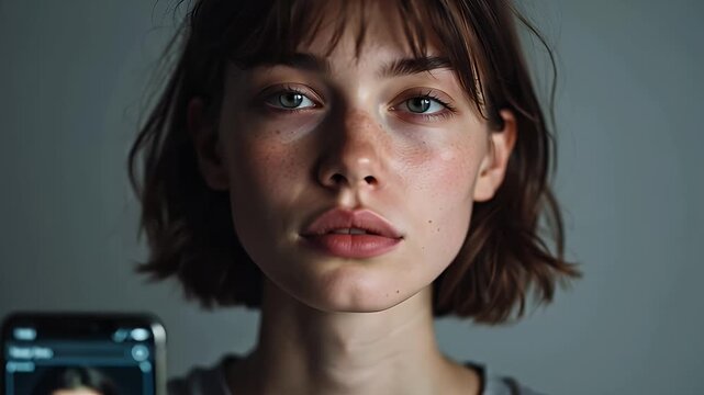 Young woman showing identity verification request on screen  