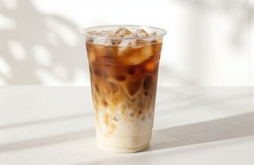 Iced coffee in clear plastic cup with ice cubes on bright background. Mix milk, cafe, barista, coffee shop theme. Refreshing summer drink. Enjoy chill taste, caffeine dose with trendy swirl.