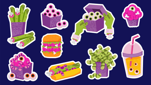 Set of colorful zombie food stickers including a brain burger, eyeballs in boxes, severed fingers, striped worms, and a creepy drink with floating eyes. Halloween illustrations on dark background.