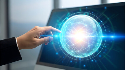 hand pushing a button on a touch screen interface