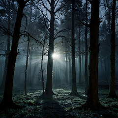 Fototapeta premium A moody forest scene at night, dominated by tall, dark trees and a heavy fog. A single, powerful beam of light from an unseen source cuts through the mist, creating dramatic rays of light and illumina