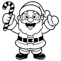 Obraz premium Festive Santa Claus Cartoon Character Spreading Holiday Cheer with a Candy Cane in Black and White Line Art