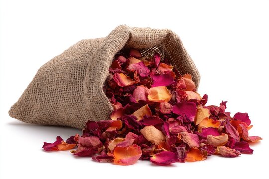 Dried rose petals in a burlap sack (1)