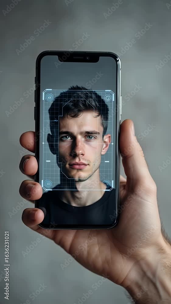Poster man holding smartphone showing identity verification request on screen
