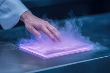 Expert chef uses modern technology to create smoky culinary effects in a high-end kitchen environment