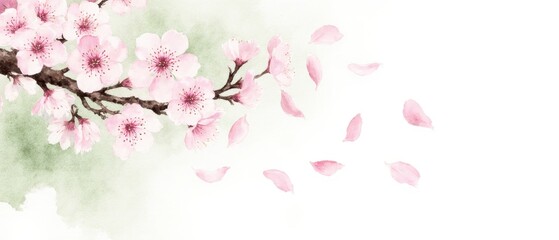 Soft watercolor sakura branch with drifting pink petals on a pale spring wash, airy negative space and delicate Asian balance for a calm zen feel