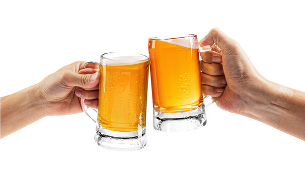 Cheers to the Moment: Close-up of two hands raising mugs of golden-colored beer in a celebratory toast, against a simple, light backdrop. capturing the perfect moment of camaraderie and festive cheer.