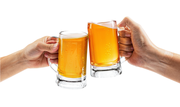 Cheers to the Moment: Close-up of two hands raising mugs of golden-colored beer in a celebratory toast, against a simple, light backdrop. capturing the perfect moment of camaraderie and festive cheer.