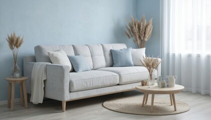 Minimalist living room interior featuring light grey sofa with blue, white cushions. Light wood furniture, including round coffee table, side table, complements pale blue walls, white sheer curtains.