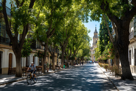 Sevilla, Espa&ntilde;a. 1 de julio de 2025. Las amplias calles arboladas cerca del centro hist&oacute;rico de Sevilla, Espa&ntilde;a,