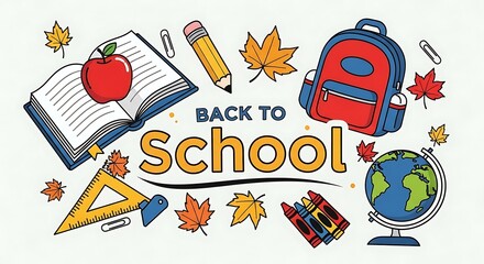 Fototapeta premium Colorful Back to School Illustration with Apple, Backpack, and Globe