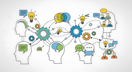 Colorful Brainstorming Illustration with Gears, Lightbulbs, and Speech Bubbles on White Background