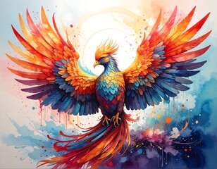 Colorful phoenix soaring, vibrant wings