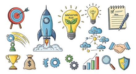 Naklejka premium Colorful Business Startup Icons: Rocket Launch, Innovation Bulb, and Growth Chart on White