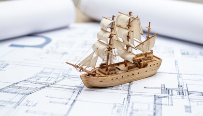 Miniature wooden sailboat model on gray surface, with mast, sail. Wooden ship model rests on workspace study area, near blueprints. Ambition, progress, journey to new horizons in architecture,