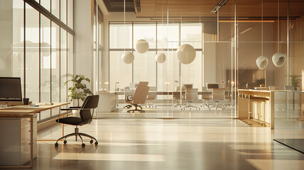 Modern open-plan office interior with natural light and minimalist design