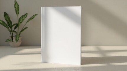 Blank book mockup presentation with natural light and a vibrant plant, perfect for showcasing designs, covers, or artwork in a modern lifestyle setting