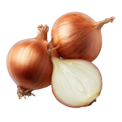 Two whole and one sliced onion, close-up