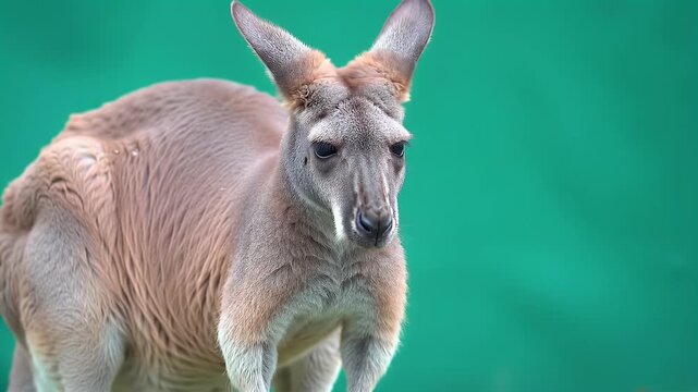 Majestic Red Kangaroo Portrait: Detailed Close-up of an Australian Marsupial with Distinctive Fur Against a Vibrant Green Background