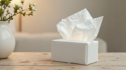 Clean white tissue box on wooden table with elegant vase and blossoms, perfect for wellness or health-related concepts