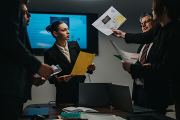 A group of business professionals collaborating in a modern office setting, reviewing documents and discussing plans. Dynamic environment showcasing teamwork, professionalism, and focus on achieving