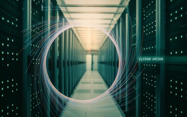 Abstract data flow in a server room with system online text