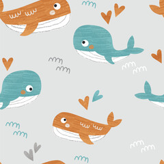 Vector seamless pattern with cute whales