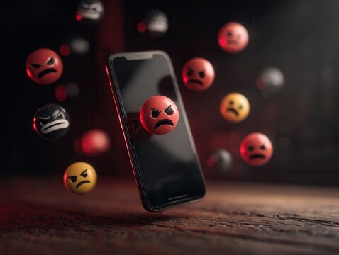 smartphone lying on dark desk, angry face emojis floating aggressively from the screen - Powered by Adobe