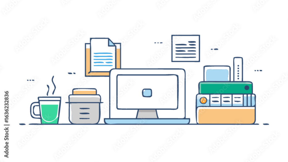 Poster desk setup with computer books and coffee for study or work vector illustration workspace and office