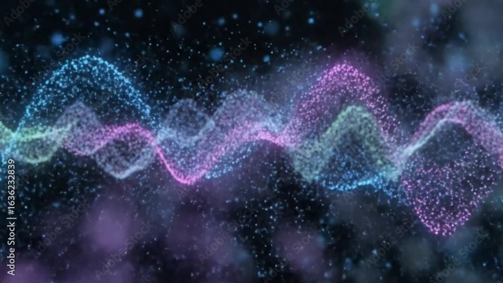 Poster colorful particle wave floats on a dark background with blurred spots of light