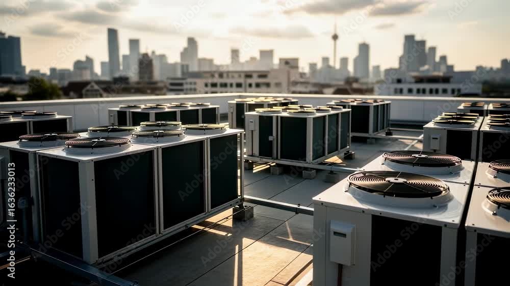 Poster elevated view of multiple condenser units arranged on rooftop efficient heat dissipation for climate