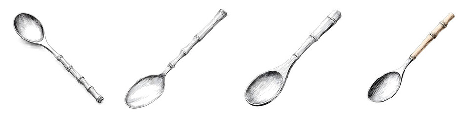 Elegant Silver Spoons with Bamboo Handles - Sketch Style