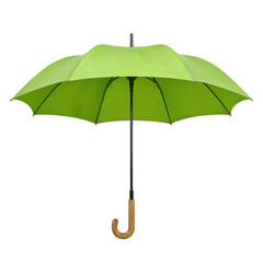Illustration of green umbrella isolated on white. Weather forecast concept. Open parasol with wooden handle for rain protection in spring, autumn season during storm sun. Accessory for meteorology