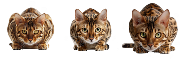 Three Bengal cats crouched low with focused expressions isolated on a transparent background feline animal