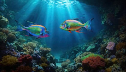 Fototapeta premium Two vibrant iridescent fish swim near colorful coral reef illuminated by underwater light. Fish display stunning scales, fins in breathtaking aquatic scene. Sunbeams pierce deep blue ocean creating