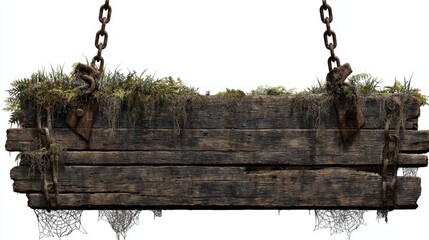 Weathered wooden sign dangling from rusted chains, covered in moss and tangled weeds, bearing spiderwebs and worn texture, creating haunting rustic atmosphere