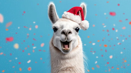 Obraz premium Llama wearing red Santa hat with confetti on blue background.
