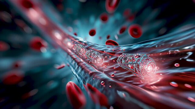 Futuristic visualization of nano-robots and digital red blood cells flowing through the blood stream, symbolizing advanced medical nanotechnology and next-generation healthcare innovation.