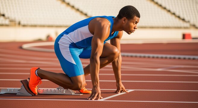 Male sprinters in starting position on track field, wearing athletic gear and racing spikes for competition. Focused runners preparing for sprint race in stadium during professional track