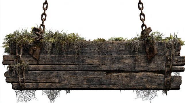 Weathered wooden sign dangling from rusted chains, covered in moss and tangled weeds, bearing spiderwebs and worn texture, creating haunting rustic atmosphere