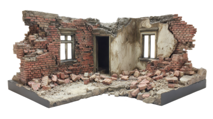Weathered concrete walls revealing structural damage, fragmented debris surrounding abandoned space, transparent background enabling seamless graphic design integration