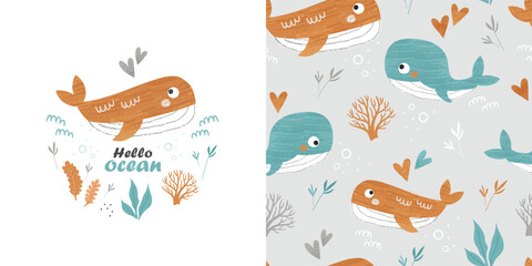 Children's set of poster and seamless pattern with cute whales. Perfect for kids bedding, fabric, wallpaper, wrapping paper, textile, t-shirt print. © nafanya241
